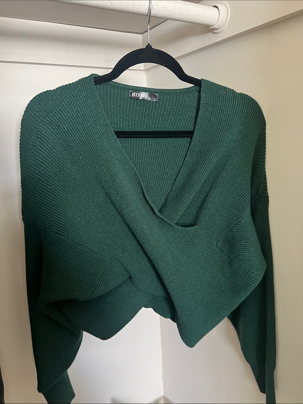 BTFBM Deep Green Wrap V-Neck Sweater